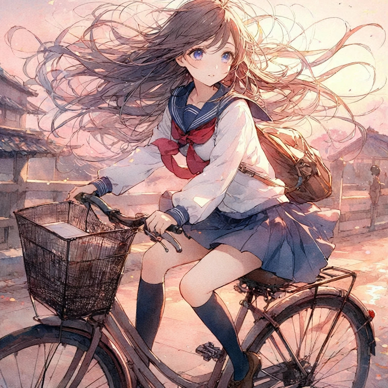 Official art using high-quality hand-drawn watercolor sketch techniques. (best quality,4k,8k,highres,masterpiece:1.2),ultra-detailed,beautiful detailed eyes,A girl with beautiful eyes, everyone, beautiful anime girl, cute anime girl, smooth anime art, anime style, elegant colors, soft lighting, delicate beautiful eyes, very coquettish, (beautiful large breast:1.2), (correct hands:1.2),