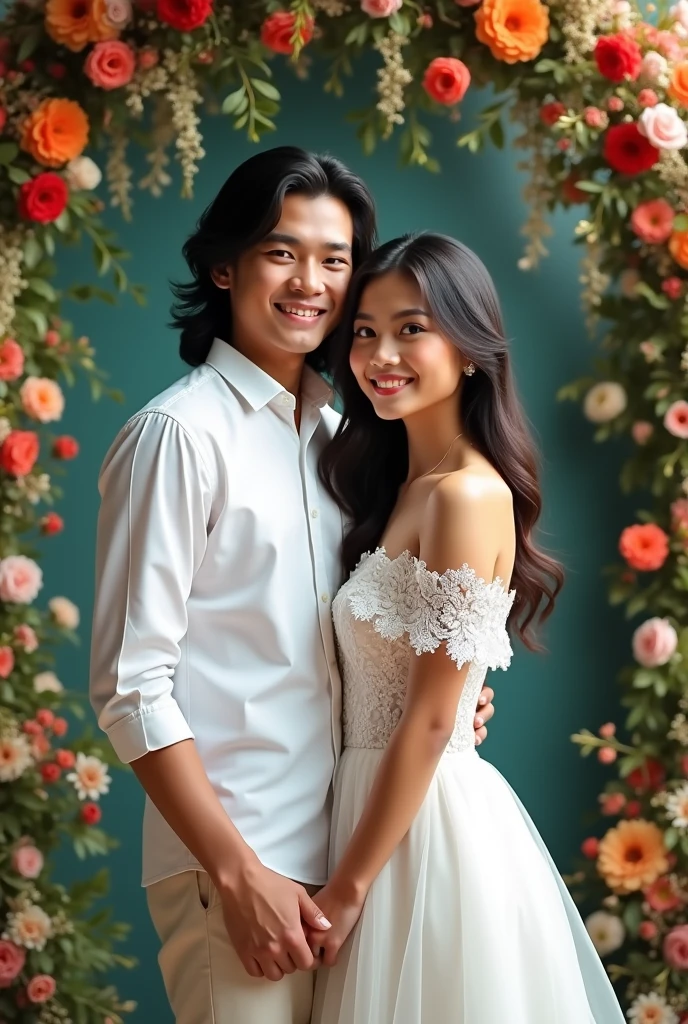 Real pinoy couple boy long hair and girl wearing wedding standing say cheese with arounding flowers 