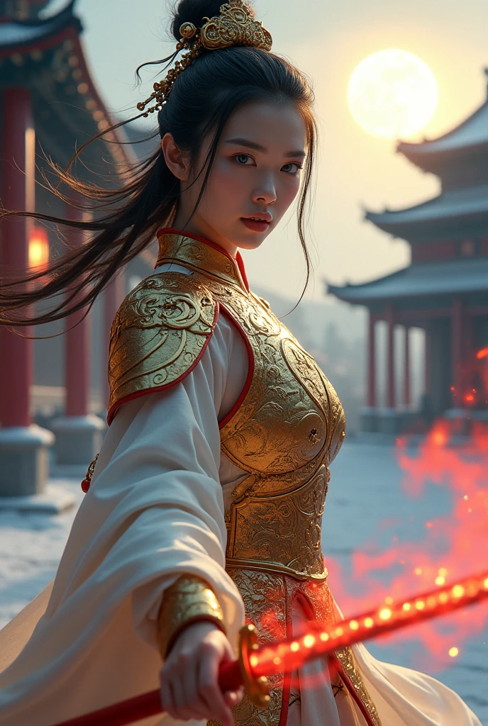 (masterpiece, best quality, beauty, best ratio, best shadows,best Illustration, wallpaper size,1080×2400 pixels) 
uhd, china female kungfu, korean beauty like tae yon, dancing, full posture fully visible, shining blue eyes, windblown hair, wear gold full general armory with elegant swans emblem, hand holding a sword emits red energy, on the snowing pallete square. full moon and side light seen on far away.use the RenderMan renderer.digital art. High definition, high contrast,high color saturation,128k,cinematic lighting, intricate,cinematic advertising photograph,cinema lens,high res.