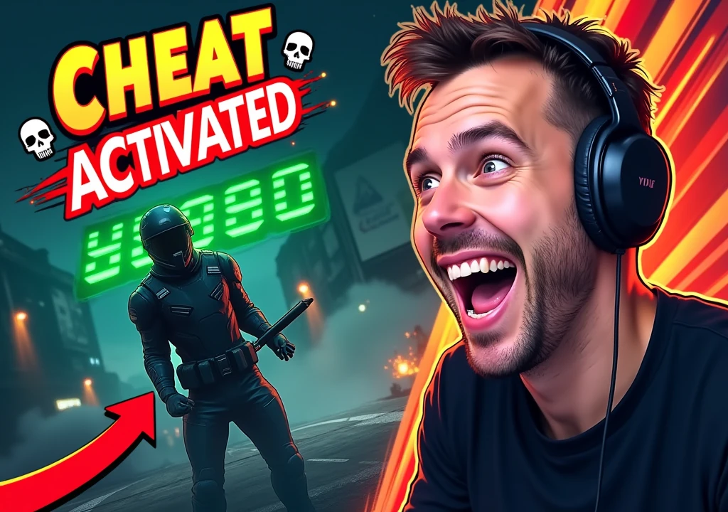 Design a dynamic gaming thumbnail featuring a smiling man with short hair wearing a headset on the right side, as he reacts excitedly. On the left side, depict a scene from a video game with a character in dark armor using a cheat, highlighted by a green numerical code overlay. The phrase 'CHEAT ACTIVATED' is prominently displayed in bold red and green text at the top left, accompanied by skull icons. A red arrow points to the in-game character, with the text 'TONDE GAMER' next to it. The word 'PRANK' is written in large, bold, yellow text at the bottom center of the image, creating a lively and engaging thumbnail
