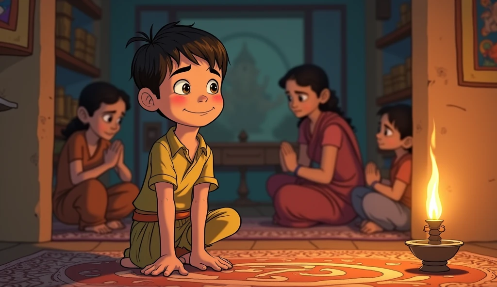 In cinematc 2d cartoon style indian In that village lived a poor but very intelligent boy named Mohan. Mohan's parents were very simple people and had immense devotion towards Lord Ganesha. Inside the house