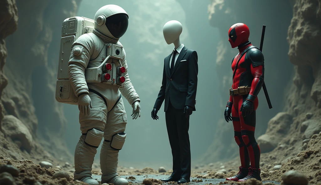 1 space suit guy, Slenderman wearing black suit, and a guy wearing Deadpool suit