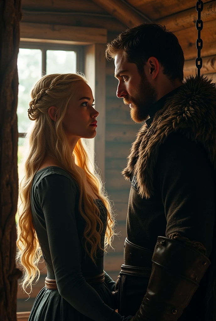 A blonde woman with golden threads, 20 year, Sansa Stark style, chained, thick and strong currents, holding your neck, legs and arm, standing.

In front of him a 30 year old man, strong and tall style Jhon snow, shorth hair.
The young girl has one blue eye and one red eye. They are inside a cabin., the image shows the two of them face to face looking at each other. her arms and neck are full of thick chains holding her to the walls. They are talking a little apart



