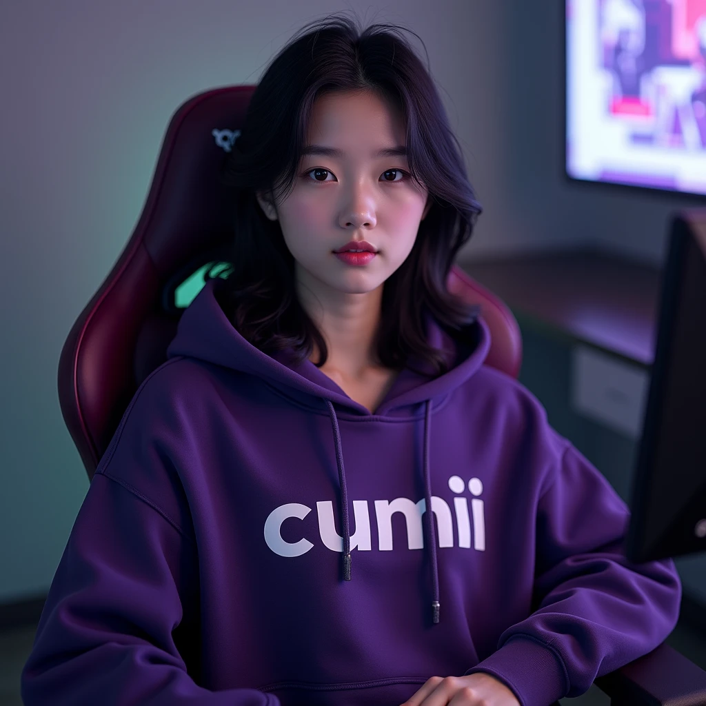 A beautiful Korean woman , sitting on the gaming chair wearing a dark purple hoodie with the name on the hoodie " cumiii "