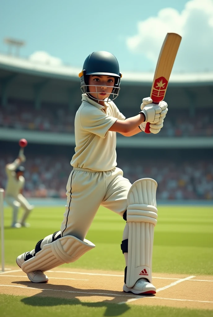 A boy of age 13 playing Cricket for India with a complete stylish straight drive like Tendulkar against a fast bowler with complete ground view