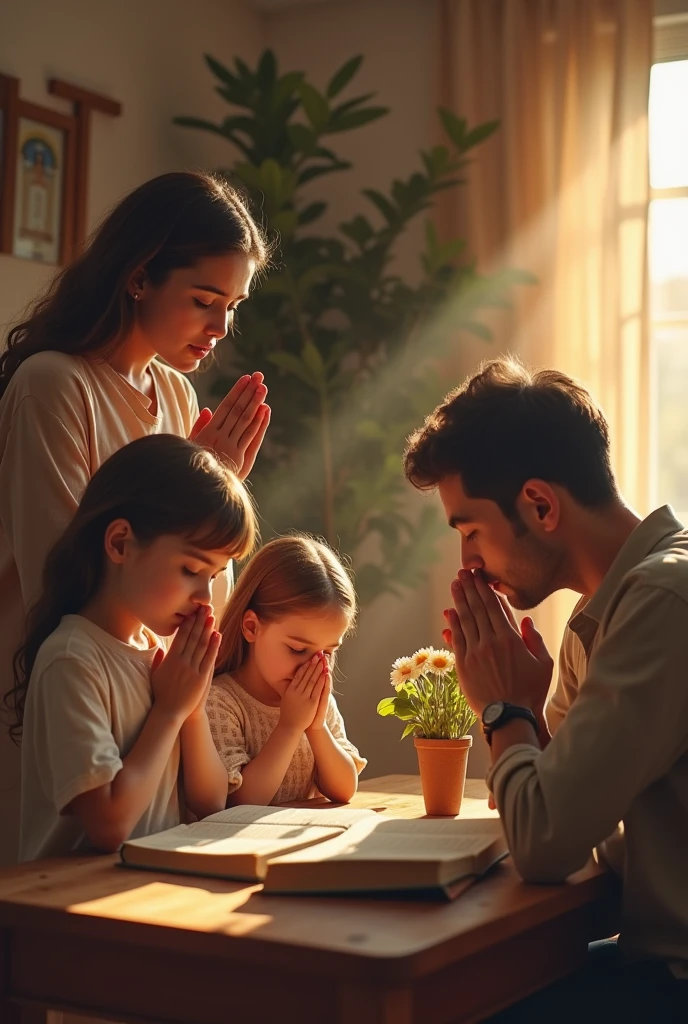 Clear photo of a family praying