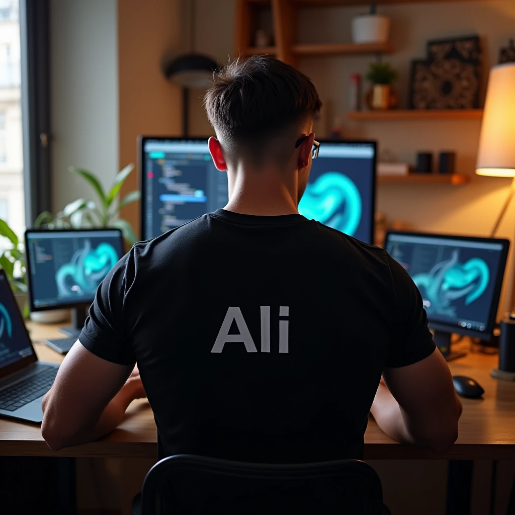 Software developer using computer and Laptop in his well architect room
He is A Lean bodybuilder wearing glasses and Black T shirt and backside of it "Ali" is written
(Back side view and only back side of head should be visible)