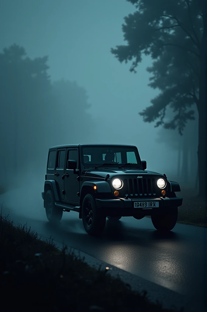 Black Mahindra THAR z black filming on road at night in fog, side photo, number plate 9040
