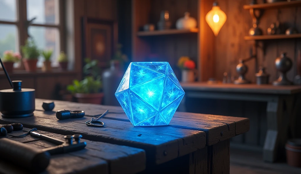 fantasy concept art, glowing blue dodecahedron die on a wooden table, in a cozy fantasy (workshop), tools on the table, artstation, depth of field, 4k, masterpiece