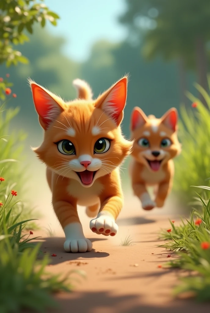 Cat is running by dog 

