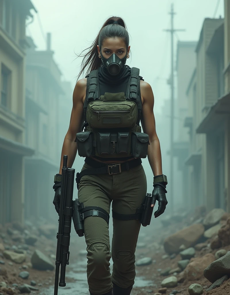 (Photorealism:1.2), sexy armed woman, A female soldier wearing a gas mask patrols a fog-filled ruin.