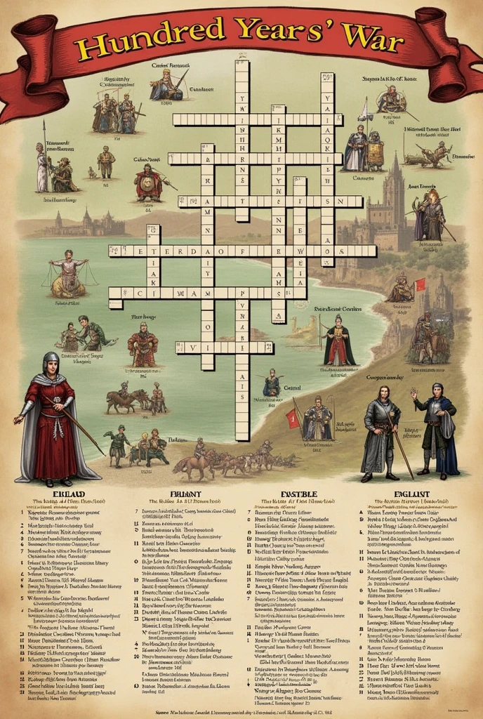 create a crossword Here is an example of a crossword about the Hundred Years War:
### Horizontals:
1. **country** where the Hundred Years War began.
2. **battle** famously defeated by the English in 1415.
3. **Hero** canonized French, captured by the English and burned at the stake.
4. **dynasty** who ruled England during the war.
5. **missiles** Englishwoman who was crucial in the battles of the war.
### Verticals:
1. **rey** Englishman who initiated the hostilities of the Hundred Years' War.
2. **citys** French besieged by the English and liberated by Joan of Arc.
3. **Treated** which ended the first period of the war in 1360.
4. **rey** Frenchman who led France in the final phase of the war.
### Answers:
**Horizontals:**
1. France 2. Agincourt
3. Joan of Arc 4. Plantagenet 5. long bow
**Verticals:**
1. Edward III 2. Orleans 3. Brétigny
4. Charles VII These words and clues help cover the main events, figures and aspects of the Hundred Years' War.