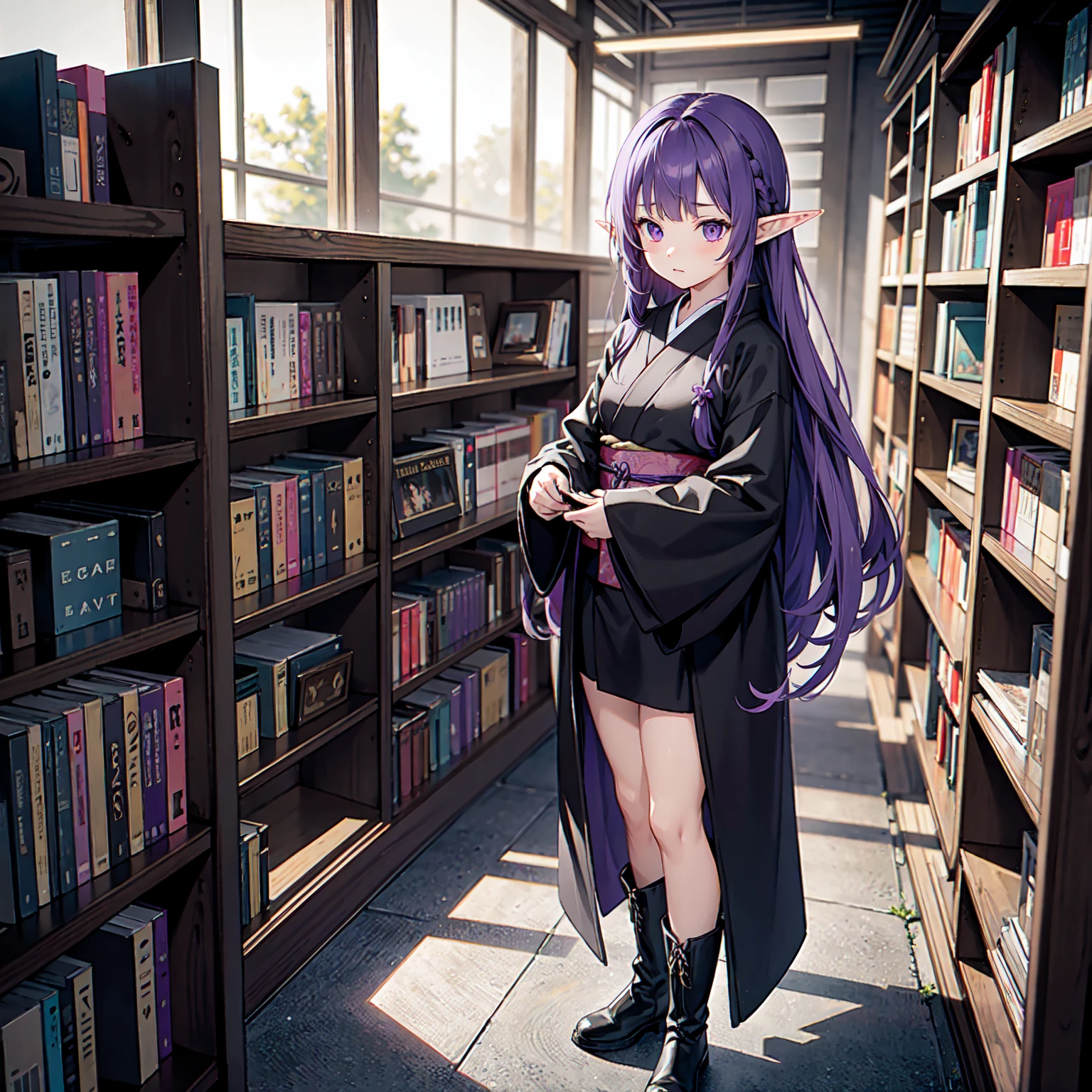 A girl takes a book from a bookshelf. She is fishing through the bookshelf. Which book shall I choose? Vivid. Nostalgic. Purple hair. A girl with long purple hair. Pointy elf ears. Her clothes are simple: a black robe with wide sleeves and a black miniskirt. Her knees stick out. V-shaped white inserts on the front like a kimono. Black boots. Standing figure. Background: heavy rain outside window at night, library, no other people. Unoccupied, dilapidated library. Lots of bookshelves lined up.