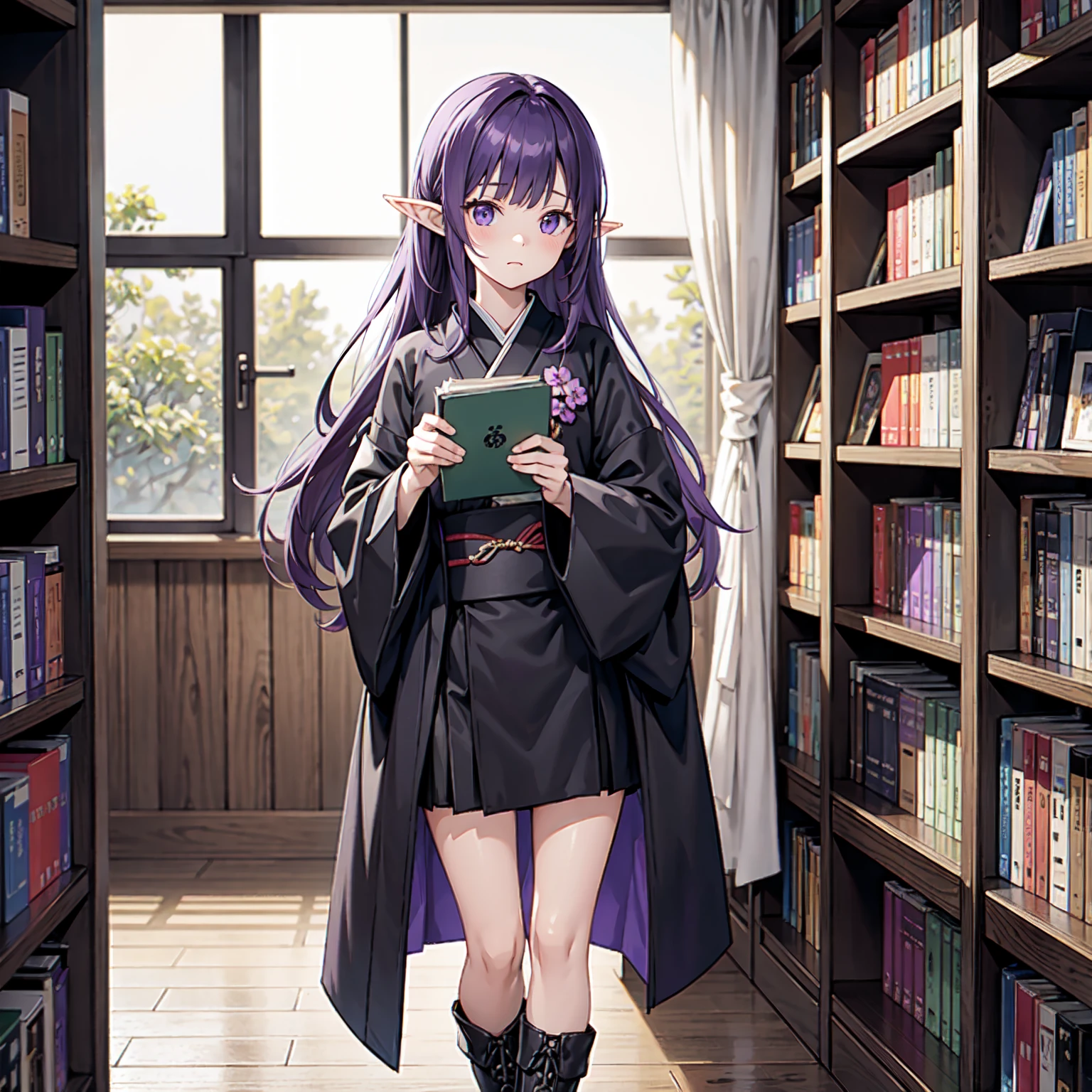 A girl takes a book from a bookshelf. She is fishing through the bookshelf. Which book shall I choose? Vivid. Nostalgic. Purple hair. A girl with long purple hair. Pointy elf ears. Her clothes are simple: a black robe with wide sleeves and a black miniskirt. Her knees stick out. V-shaped white inserts on the front like a kimono. Black boots. Standing figure. Background: heavy rain outside window at night, library, no other people. Unoccupied, dilapidated library. Lots of bookshelves lined up.