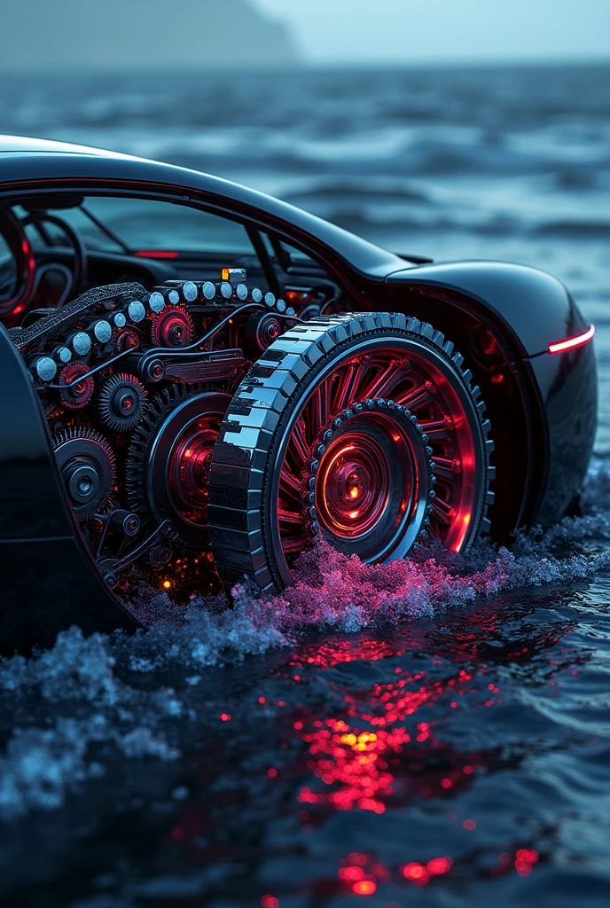 (rough sea background). So many beautiful gears and timing chains, close-up shots of the timing chains, dynamic camera work, inside of an automobile, beautiful metallic light reflections, colorful led growing from inside, focus on timing chains, black machine oil reflecting the lights