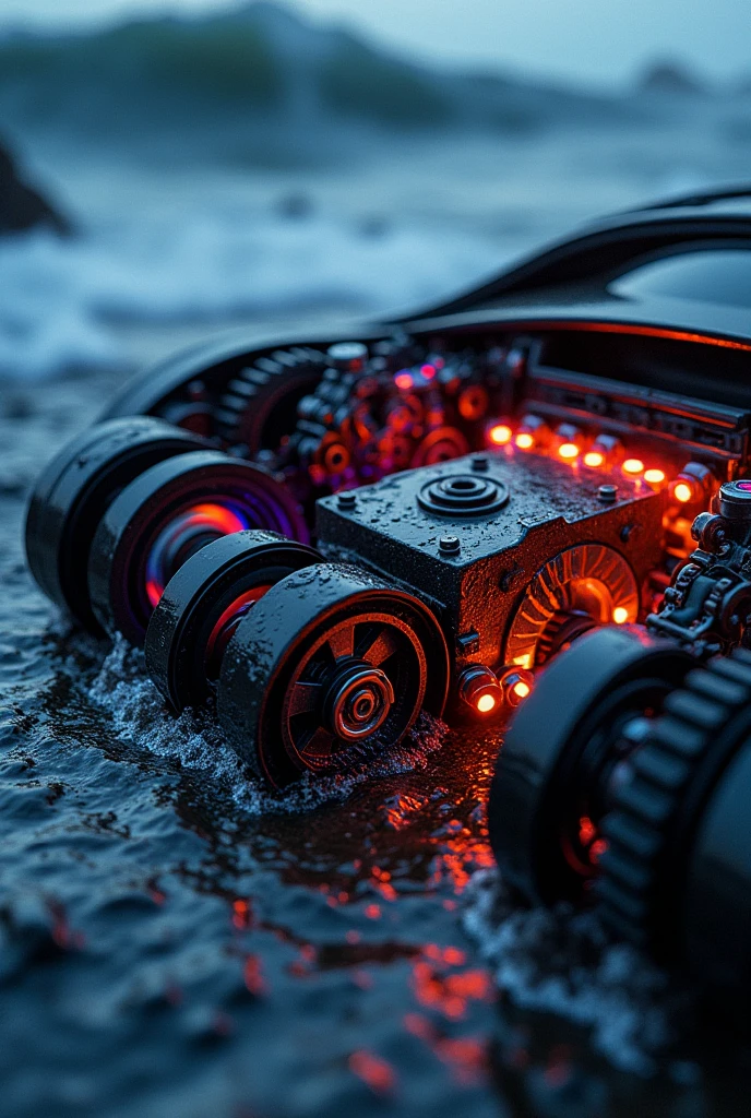 (rough sea background). So many beautiful gears and timing chains, close-up shots of the timing chains, dynamic camera work, inside of an automobile, beautiful metallic light reflections, colorful led growing from inside, focus on timing chains, black machine oil reflecting the lights