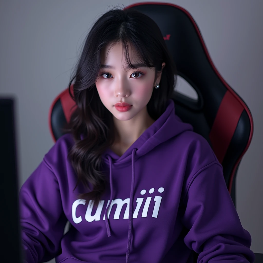 A beautiful Korean woman  , sitting on the gaming chair wearing a dark purple hoodie with the name on the hoodie " cumiii "