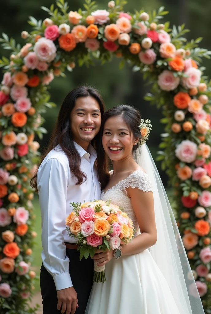 Real pinoy couple boy long hair straight and girl wearing wedding standing say cheese with arounding flowers 