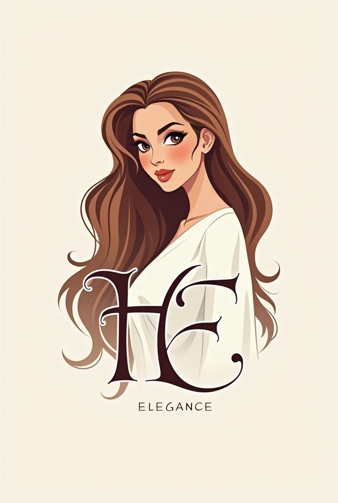 Logo for a women's clothing store called Hadar Elegance, using only the initials of the names, including an image of a Brazilian woman in the shape of a cartoon with long hair. All this in an elegant way, captivating and eye-catching.