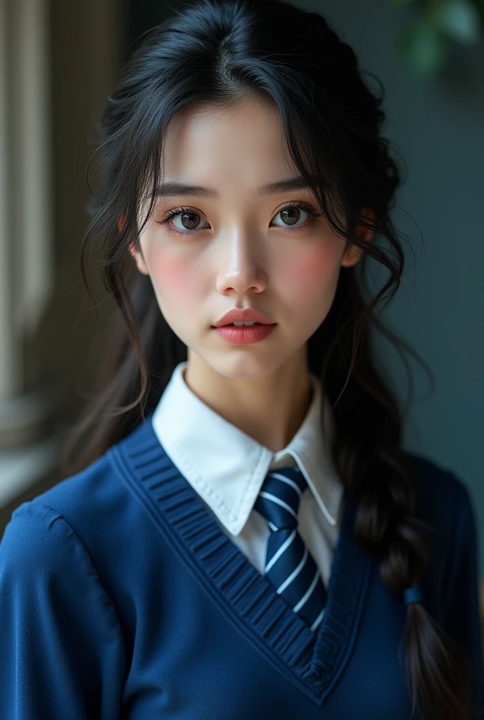 elle a le teint rose, un visage en forme de diamant, un nez en trompette, des yeux en amande bleu-gris, des longs cheveux noirs à moitié attachés, des lèvres pulpeuses et elle porte un uniforme de serdaigle, elle est CAUCASIENNE
photoréalisme