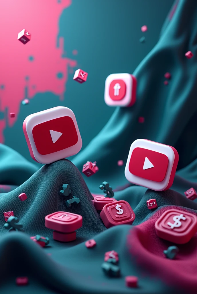 "Create a high-resolution, vibrant background image with a gradient or abstract design featuring rich, contrasting colors such as teal, magenta, and charcoal gray. The background should be highly detailed and visually striking. Integrate large, prominent icons of TikTok, YouTube, and Kwai apps into the design, ensuring they are clear, high-resolution, and highly visible. Include symbols of financial success, such as dollar signs ($), stacks of bills, or currency icons, also prominently featured and detailed. Arrange these elements harmoniously within the background to convey a theme of financial success and video content creation. The overall design should be sleek and modern, with all icons and symbols sharply contrasted against the colorful backdrop, while avoiding any text or written elements. The background should have a balanced composition that creates a visually engaging and impactful scene."
