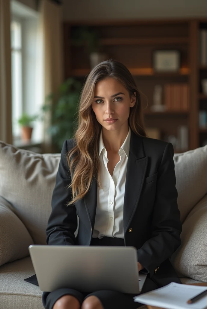 A beutiful girl , siting on sofa , with professional clothes, with laptop work and experience like tension 