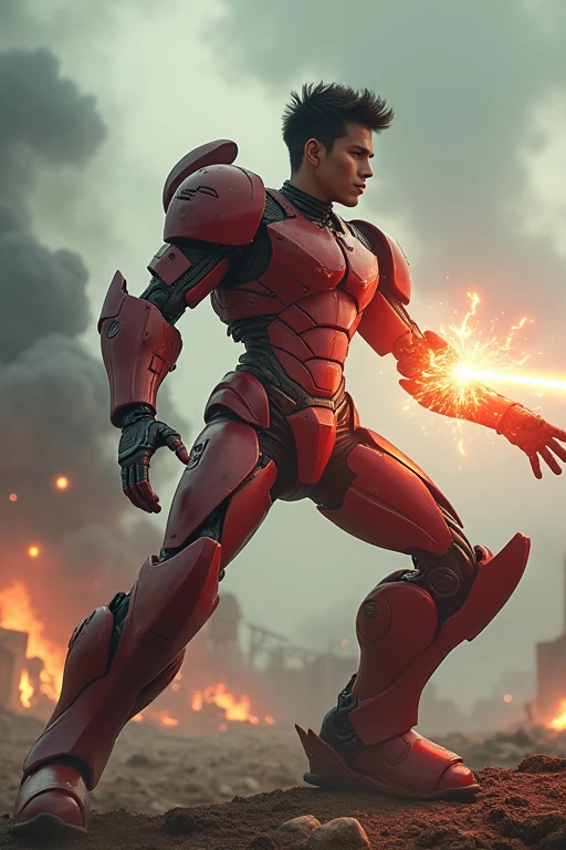 One-arm prosthetic, mecha, young man, battlefield, beam from prosthetic arm, Rockman style