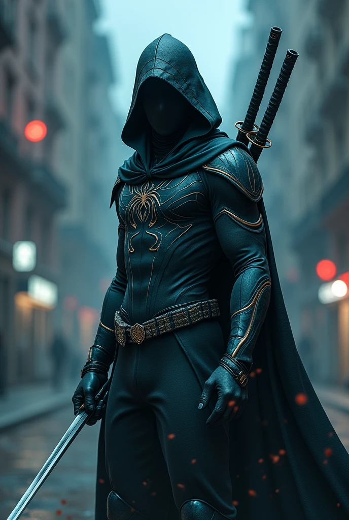 A Superhero with Spider-Man with dark & cyan theme color suit, dual katana in the back, and a hoodie fight villains