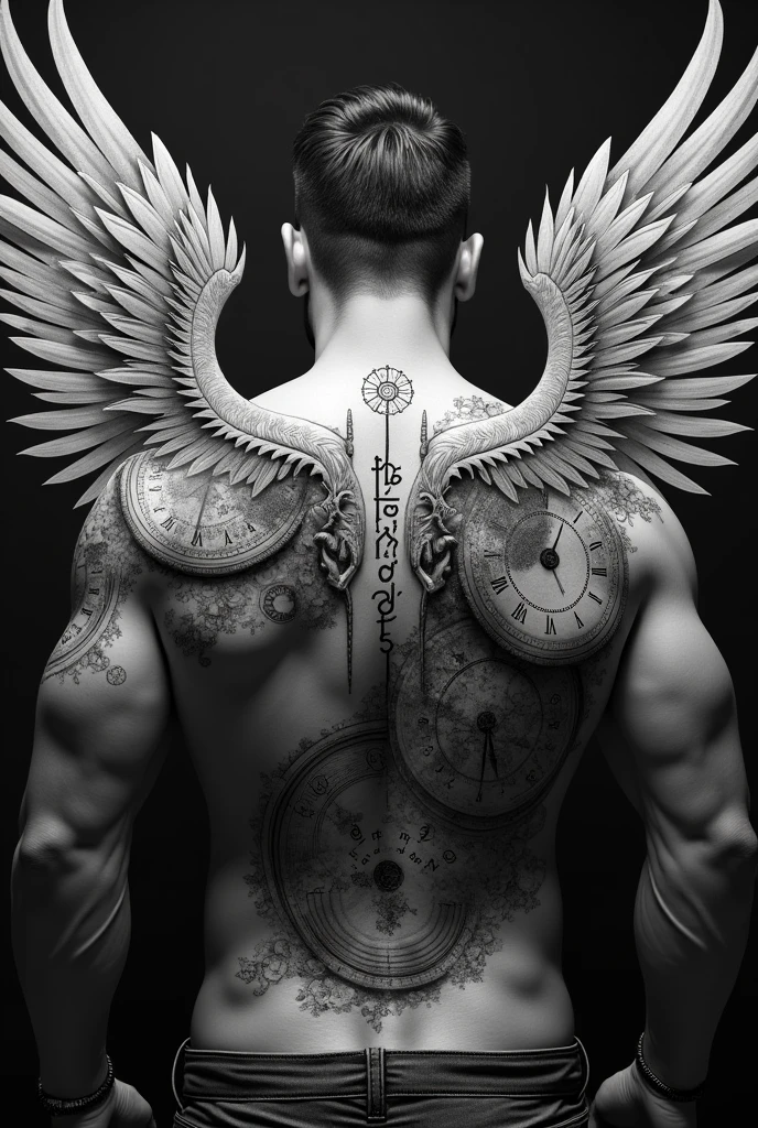 Open Wing tatoo with clocks and rune words for man