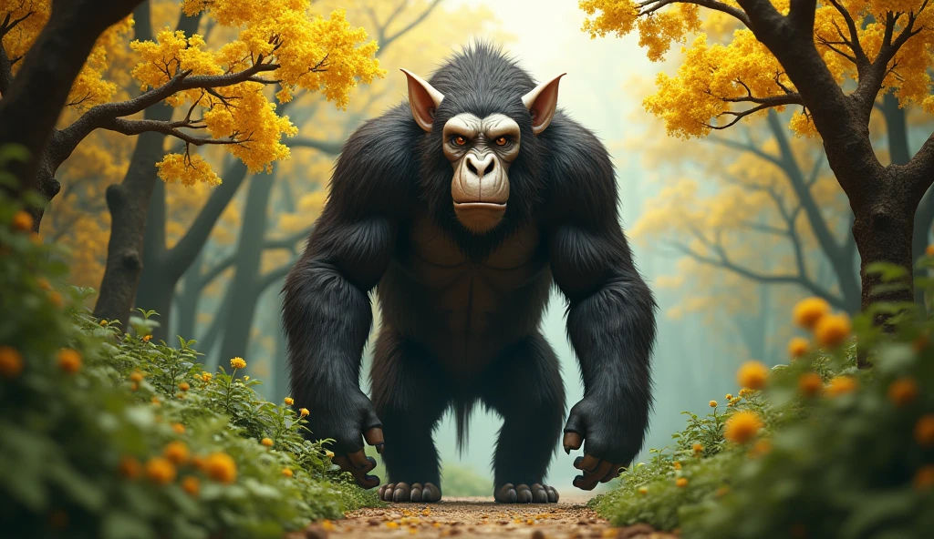 Front view,There is a wild beast in the osmanthus forest,Looks like an ape but has white ears,Standing and walking(best quality,4K,8k,High level,masterpiece:1.2),Ultra Detailed,(lifelike,Photo real,Photo real:1.37)