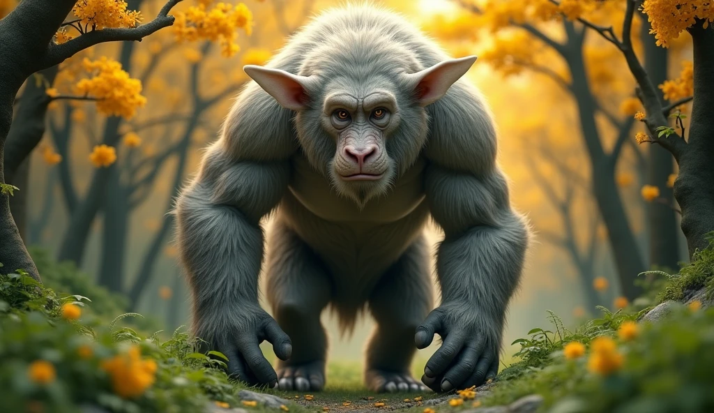 Front view,There is a wild beast in the osmanthus forest,Looks like an ape but has white ears,Standing and walking(best quality,4K,8k,High level,masterpiece:1.2),Ultra Detailed,(lifelike,Photo real,Photo real:1.37)