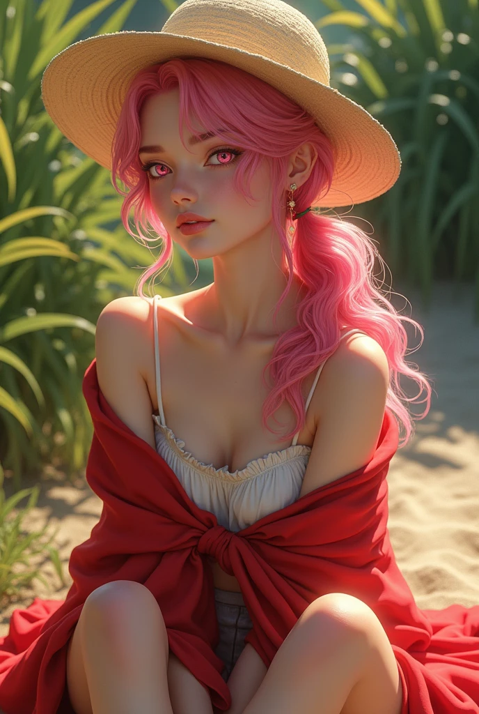 portrait photo of a sexy naked girl, small breast, in front of the sea, sunset, soft light, posing, look at a camera and smile, pink ponytail hair, (green eyes:0.8), cute young face, 18 yo, soft volumetric lights, realistic, (backlit:1.3), (cinematic:1.3), intricate details, (ArtStation:1.2)