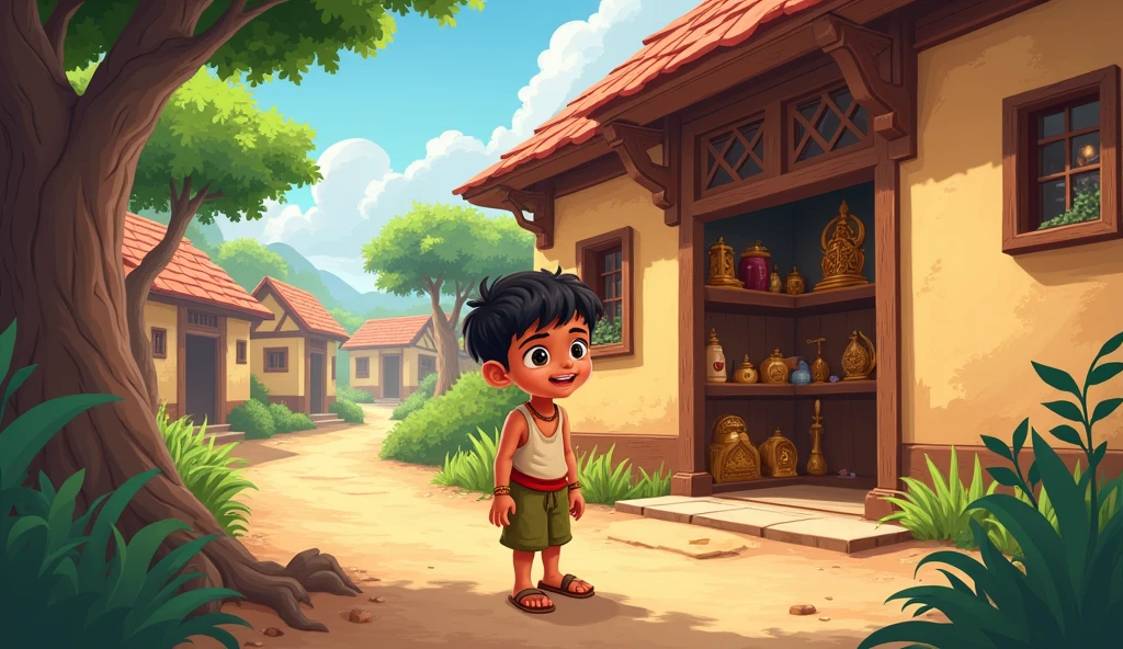 In cinematc 2d cartoon style indian In that village lived a poor but very intelligent boy named Mohan. Mohan's and father parents were very simple people and had immense devotion towards Lord Ganesha. Inside the house