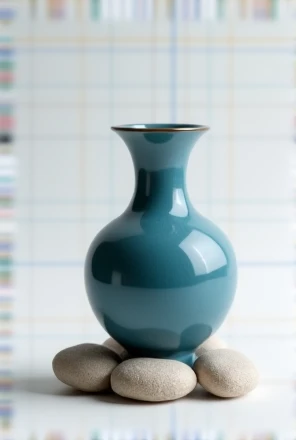 Make an ocean blue pottery, With Details, glass style, but with nothing inside, at the base do something different and innovative, make the base as if it were made of pebbles, the stones can be, as if it were ceramic, nothing apart

