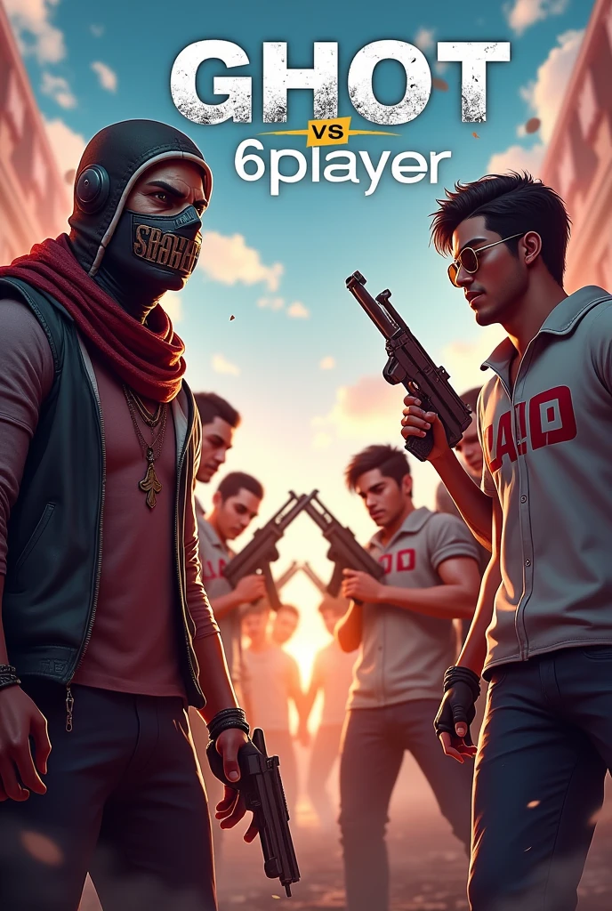 Thumbnail Description:
Background: A high-quality, engaging background related to Free Fire game. It should be vibrant and dynamic to catch viewers' attention.not
not cartoons style picture high graphics picture like ps5 graphics picture
Left Side: A character from Free Fire wearing a "Ghot" name tag or shirt.
Center: Bold 3D text with the message "Ghot vs 6Player" prominently displayed.
Right Side: Six characters resembling "Ghot" holding guns.
Background: A high-quality, realistic graphic related to Free Fire, with a dynamic and engaging environment.
Left Side: A character wearing a mask labeled "Shahjahan." The mask should look realistic and add to the character's intense appearance.
Center: Bold 3D text with the message "Ghot vs 6Player," prominently displayed and designed to stand out.
Right Side: Six characters resembling "Ghot," each wearing a shirt with the text "Lad." The characters should be holding guns and have a realistic look, similar to the "Ghot" character