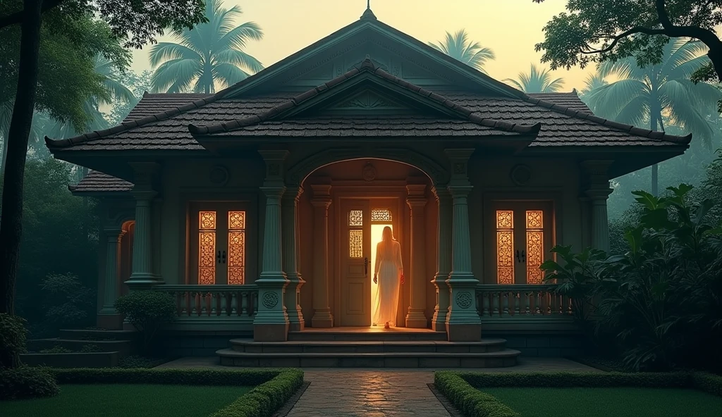 A traditional house in Bengaluru, with a faint, ghostly figure of a woman standing in the shadows near the front door.