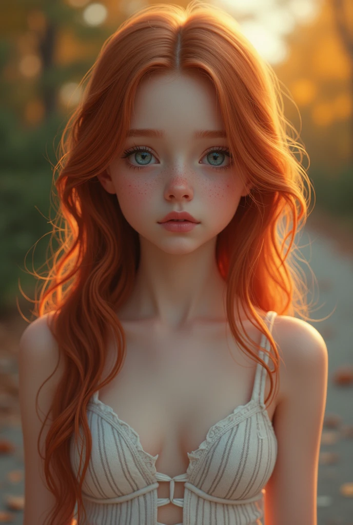 NSFW,Masterpiece, a young girl, redhead, cinematic, The portrait showcases a young redhead girl with a shy and innocent demeanor, blueish eyes, sensual slim face, subtle freckles, big lips, small perky breasts, small ass, small slim body, she is wearing a tight mini low cut shorts and a mini tank top, navel, Her hair is styled sleek and straight, elegantly framing her face with adorable long hair .Her face is illuminated by gentle lighting, highlighting her delicate features. The girl's eyes sparkle with a hint of curiosity and her lips form a subtle, shy smile. The background consists of a ourtoor nature autum scenery muted and warm-toned setting, providing a calm and serene atmosphere. The composition focuses on the girl's face, capturing the intricate details of her flawless white skin, The overall image exudes a sense of tranquility and captures the innocence and gentleness of youth, full body shot, no top