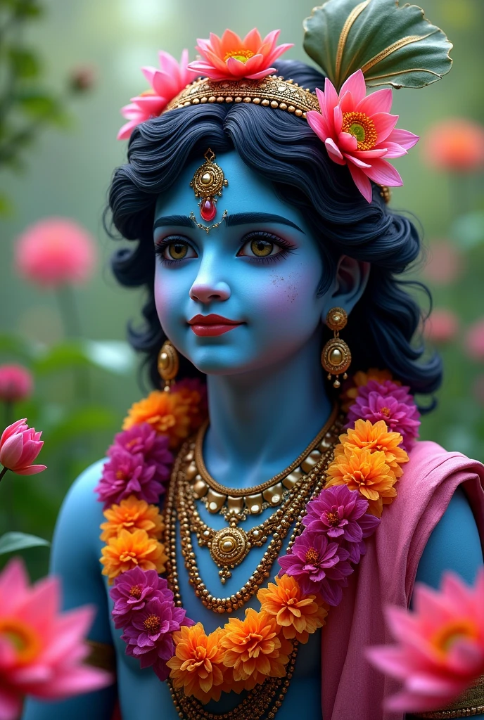 Image of lord Krishna realastic vibrant blue color with a garland of lotus  more realastic more realastic  in the season of hili
