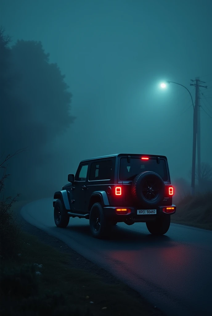 Black Mahindra THAR z black filming on road at night in fog, side photo, number plate 9 0 4 0