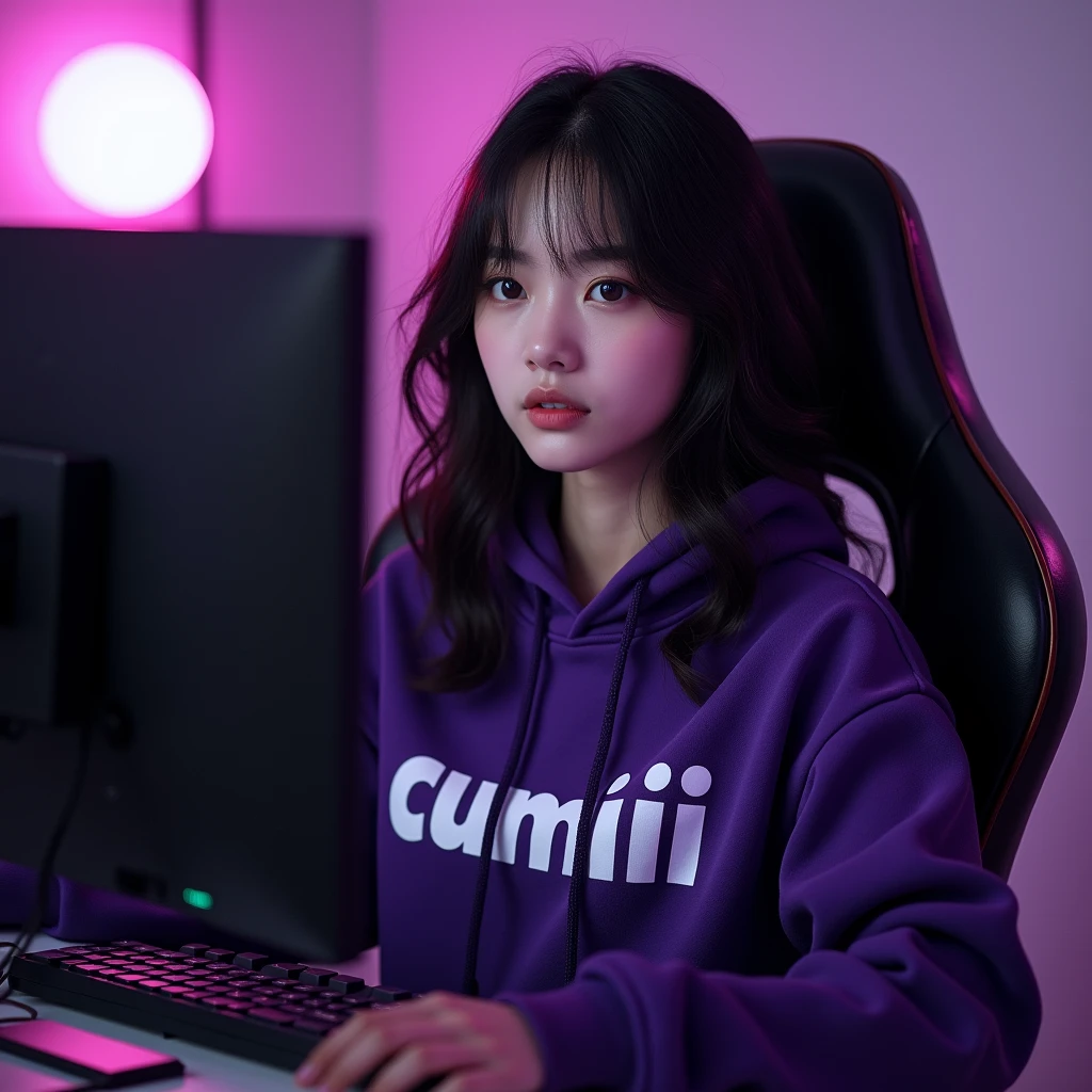 A beautiful Korean woman  , sitting on the gaming chair wearing a dark purple hoodie with the name on the hoodie " cumiii "