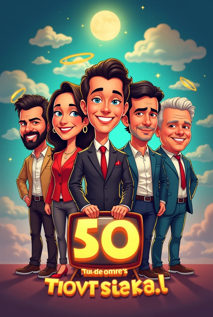 A cartoon image containing: silvio santos, beginning liberato, hebe camargo, Pedro Dilara, e Derci Gonsalves, both with golden auteulas floating above their heads, symbolizing that they have already passed away, the art with a slogan saying: The show must go on! 