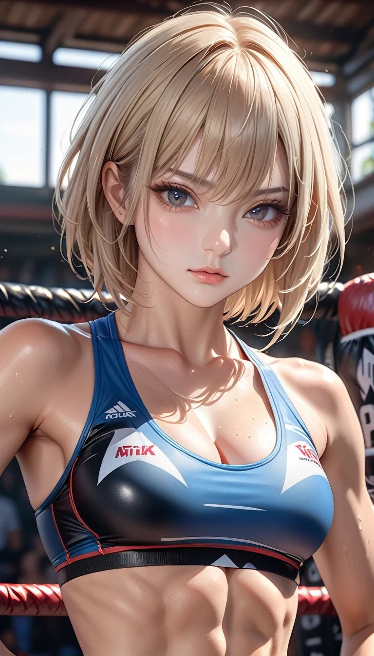 Muay Thai athlete girl, very short blond hair, abs, best quality, 4k, 8k, highres, (masterpiece:1.2), ultra-detailed, (photo realistic,:1.37), looking at viewer, (face close up:0.4),