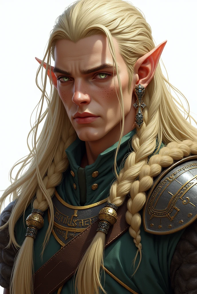 high elf, masculine, long braided hair with ornaments, golden blonde with a white streak, freckles on the face, ear ornaments, silver eyes, white background, estilo Dungeon and dragons