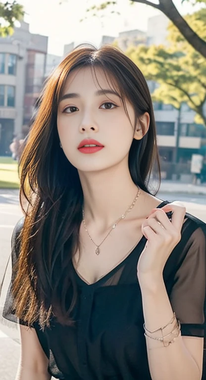 The image is a black and white text that appears to be a description of a necklace. The text is written in a cursive style and is accompanied by a picture of a necklace. The necklace is described as having a "sweetheart" shape, and the text goes on to describe the various details of the necklace, including the lace and the tulle-like fabric. The text also describes the person wearing the necklace, stating that they are also wearing a "delicate" necklace with a "symmetrical" design. The text concludes by suggesting that the background of the image is outdoors, with bare trees.