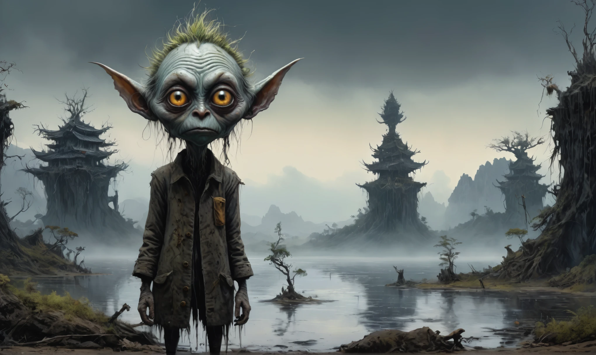 full-body-shot,Very tall , who can't fly,Cinematic, Technicolor,natural skin textures, hyper realisitc, hyper detailed,Extremely detailed,High contrast,Realistic,Chalsedoon goblin, back view,full body length,evil ghost,Hobgoblin,pretty face,intricate details,realistic humid skin,extremely intricate details,anatomically correct, eyes extremely detailed, high detailed eyes,High contrast,Ultra HD,Retina,HDR,photo,photorealism,Masterpiece, natural skin textures, hyper realism,hyper detailed,High contrast,(HDR:1.4),Realism,Ultra Detailed,irina yermolova, close full body shot,16K resolution,RAW, Nikon Z9,Paul Zizka,full body length,niobium goblin,native irish,pretty face,eyebrow up,full body shot,ominous landscape,niobium gray atmosphere,by art Simon Stalenhag,Nicola Samori,(((Wangechi Mutu))),prime colors,urban,extremely detailed,masterpiece,intricate details,faded,eyes extremely detailed, high detailed eyes,4k resolution,islands levitating above ground, Nikon Z9,scary village,stalker,Stone Forest in Yunnan Province of China