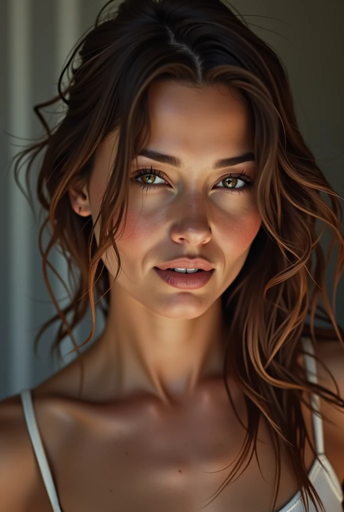 Pretty Lady,, dark make-up, Hyper detailed photography, smooth light, head and breast portrait, cover,, best quality, (detailed beautiful face, detail skin texture, ultra-detailed body:1.1) brown hair, Hazel Eyes 18 Years Teen, naked