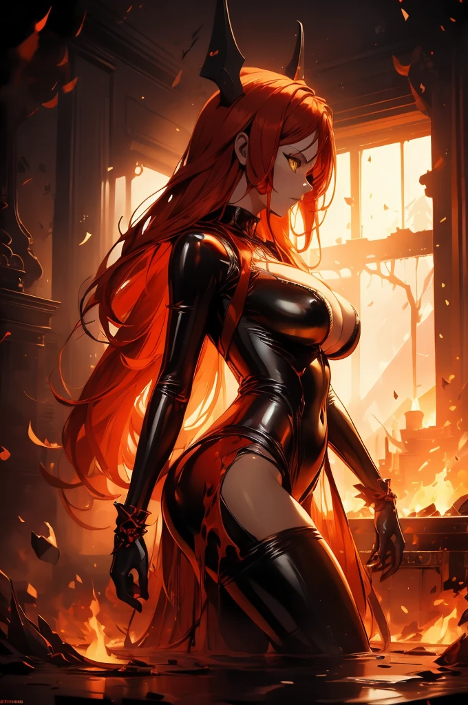  It is in colors and uses flames, standing in the middle of the image masterpiece, best qualityer) a woman with very long red hair, neckleace, black ribbons, (foto perfil), May, cold stare, Queen, good anatomy, correct proportions, torn garments, Queen, Seriously, mysterious appearance, bloodstains, Emotionless, evil, (yellow  eyes), Gothic, large breasted, kinematics, colorful oil painting, standing alone, cinematic lighting, extreme detailed face, well-detailed face, beautiful  face, gorgeous eyes, perfect lighting, Depth of field, realistic proportions, good anatomy, ((((Masterpiece artwork, A best qualityer, ultra-high resolution)))), 1 girl, standing, (sexy latex fantasy)