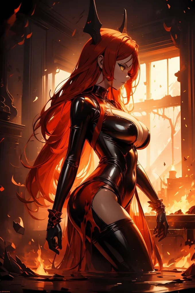It is in colors and uses flames, standing in the middle of the image masterpiece, best qualityer) a woman with very long red hair, neckleace, black ribbons, (foto perfil), May, cold stare, Queen, good anatomy, correct proportions, torn garments, Queen, Seriously, mysterious appearance, bloodstains, Emotionless, evil, (yellow eyes), Gothic, large breasted, kinematics, colorful oil painting, standing alone, cinematic lighting, extreme detailed face, well-detailed face, beautiful face, gorgeous eyes, perfect lighting, Depth of field, realistic proportions, good anatomy, ((((Masterpiece artwork, A best qualityer, ultra-high resolution)))), 1 girl, standing, (sexy latex fantasy)