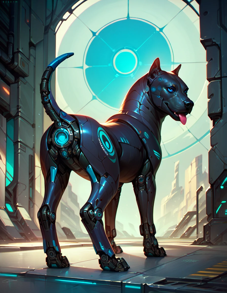masterpiece,high quality,realistic,full-length portrait,Science fiction,mechanical dog,feral,tongue,(seductive:1.3),high detail,blue robot eyes,black skin,looking at viewer, back view