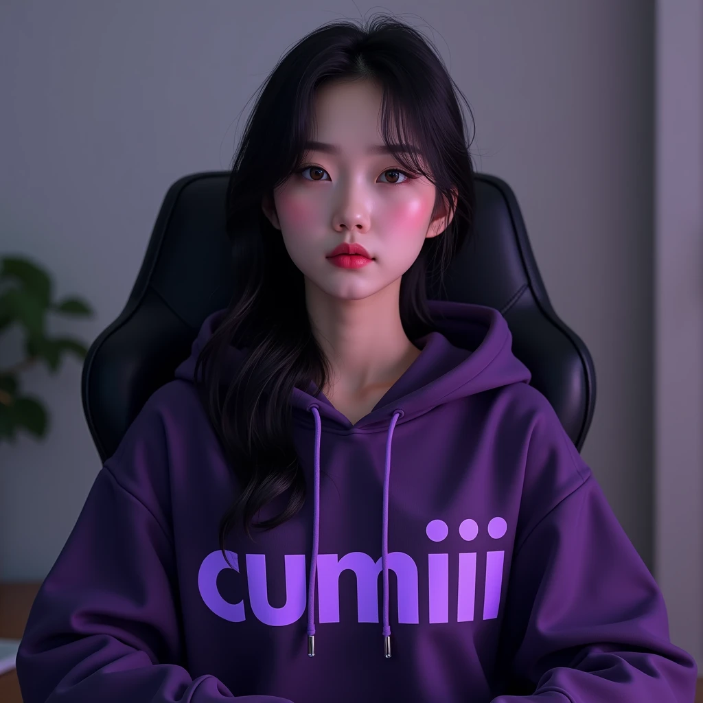 A beautiful Korean woman , sitting on the gaming chair wearing a dark purple hoodie with the name on the hoodie " cumiii "